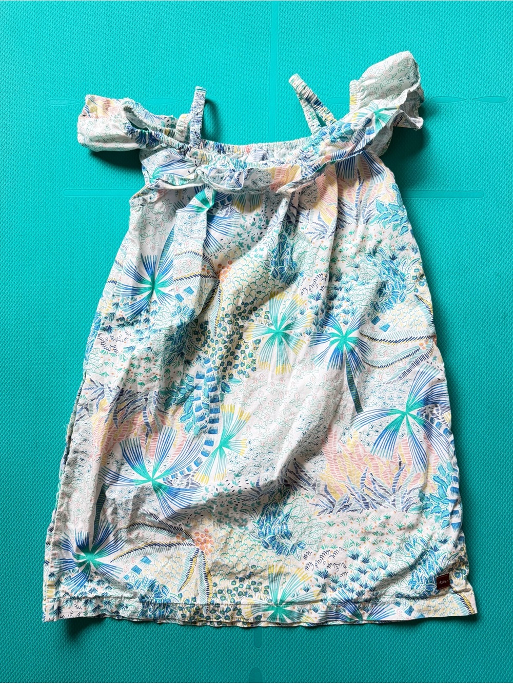 Tea Collection Girls Off-Shoulder Tropical Print Dress in White, Blue, Green